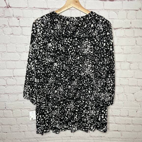 Fever Black White Dot Print Smocked Ruffled 3/4 Sleeve Top Women Medium New Mono - Picture 9 of 9